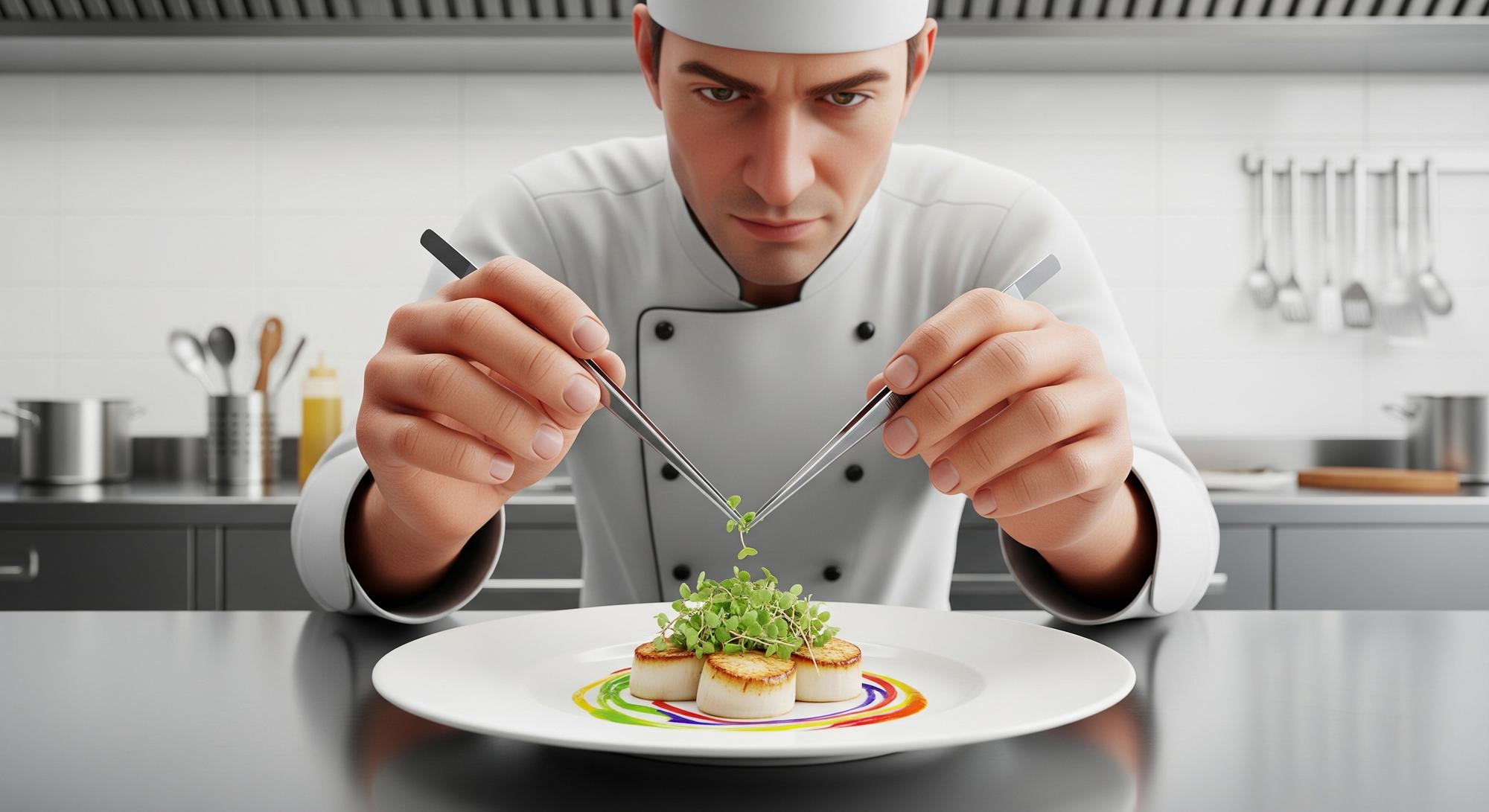Instructor demonstrating plated dish with tech lighting