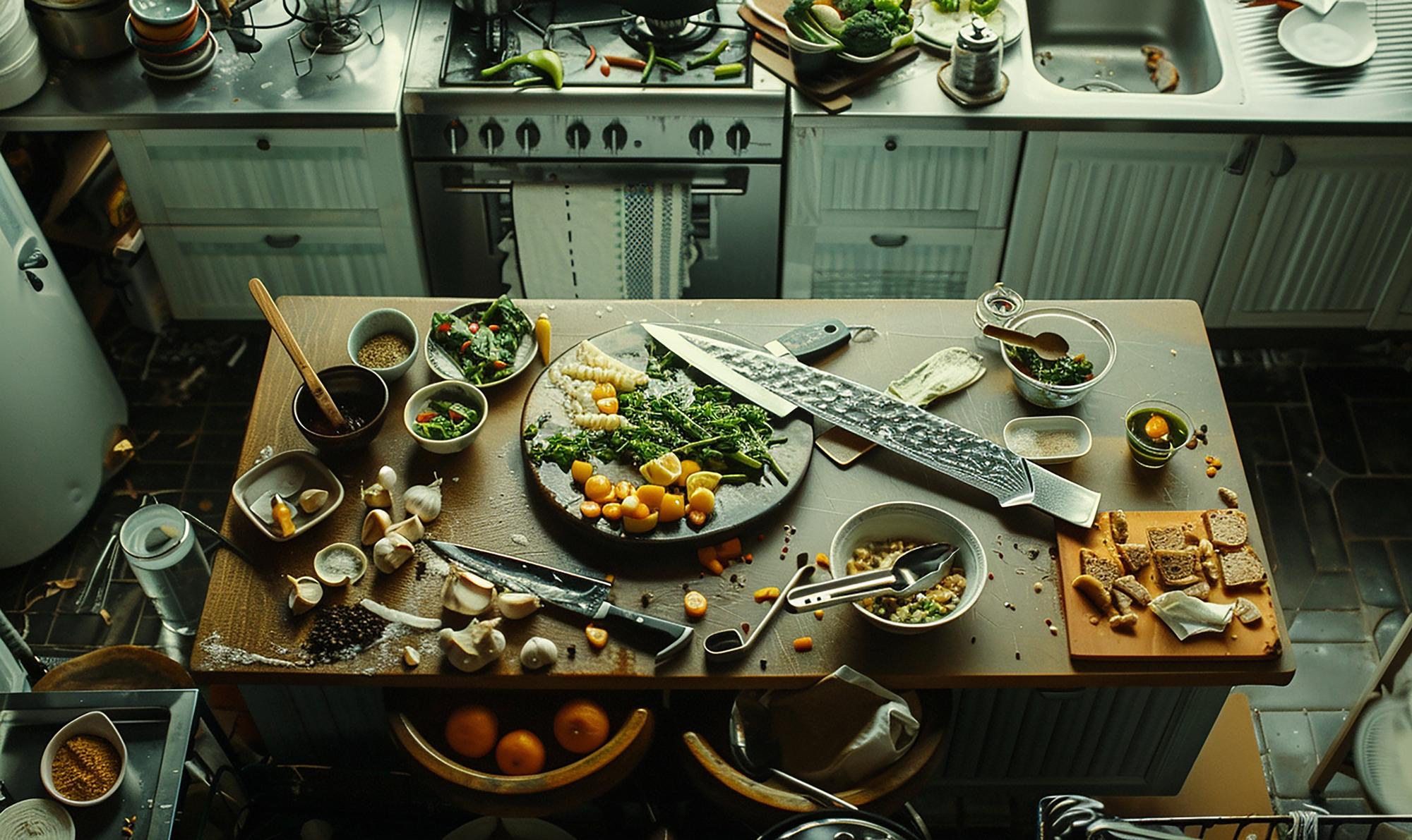Messy prep station with unevenly cooked food